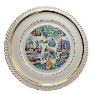 Vtg Missouri Souvenir Plate Gold Trim & Landmarks 10.5" Decorative Collectible